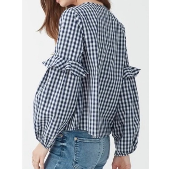 Splendid Navy Gingham Check Ruffled Tie Neck Navy White Long Sleeve Peasant Top - Picture 5 of 10